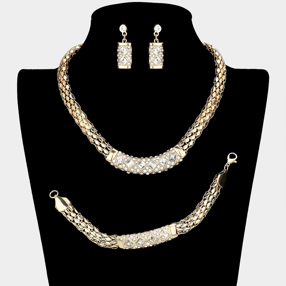 3PCS - Crystal Rhinestone Metal Mesh Necklace Jewelry Set