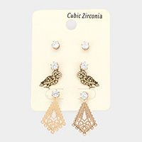 3PAIRS - Crystal Cubic Zirconia CZ Owl Stud Earring Set