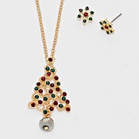 Crystal Christmas Tree Pendant Necklace with Snow Flake Earrings