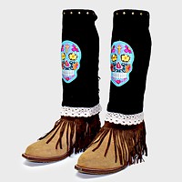 1-Pair Day of the Dead Skull Suede Fringe Boot Toppers

