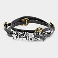 Message Disc Cluster Evil Eye Hamsa Hand Elephant Leather Wrap Bracelet