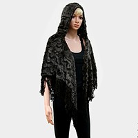 Hooded Fur Open Poncho with Suede Fringes