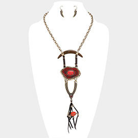 Abstract double horn & faux leather tassel necklace