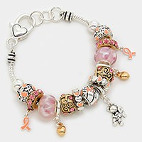 Multi-Bead Pink Ribbon Symbol & Teddy Bear Charm Bracelet