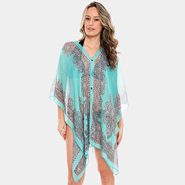 Button Detail Paisley Print V-neck  Cape Poncho