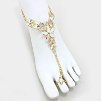 Floral crystal rhinestone toe ring anklet