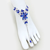 Floral crystal rhinestone toe ring anklet