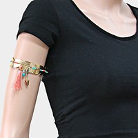 Beaded metal feather arm cuff bracelet with arrow & tassel charm