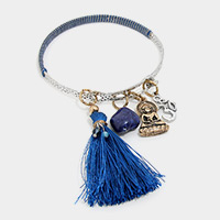 Thread tassel & metal feather charm hook bracelet