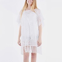 Lace mesh fringe short sleeve tunic top