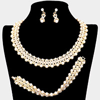 3PCS - 3Rows Pearl Crystal Rhinestone Necklace Jewelry Set