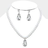 Crystal teardrop pendant pearl strand necklace