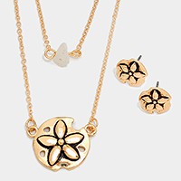 Double layer metal sand dollar & natural stone pendant necklace