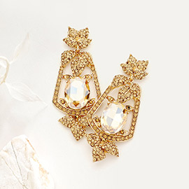 Oval Stone Accented Rhinestone Leaf Evening Dangle Earrings