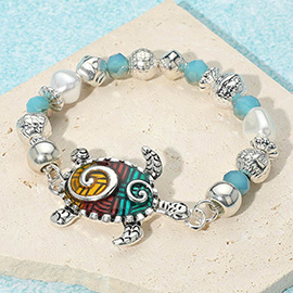 Enamel Antique Metal Turtle Pearl Beaded Stretch Bracelet