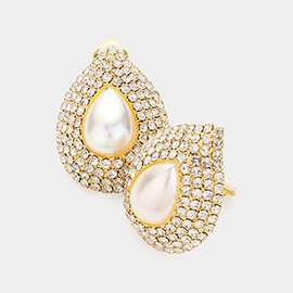 Crystal pearl teardrop clip on earrings