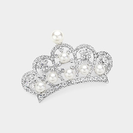Pearl Pointed Stone Paved Crown Pin Brooch