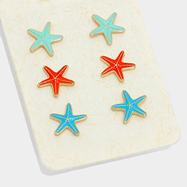 3Pairs - Enamel Starfish Stud Earrings