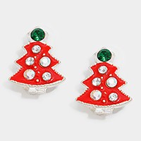 Crystal enamel Christmas tree clip on earrings
