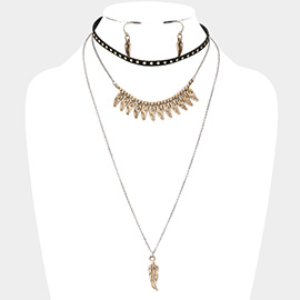 Metal Feather Pendant Triple Layered Necklace