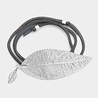 Metal leaf accented faux leather wrap bracelet / choker necklace