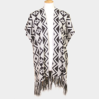 Geometric Pattern Fringe Edge Angora Poncho