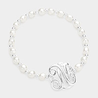 -N- Monogram Charm Pearl Stretch Bracelet