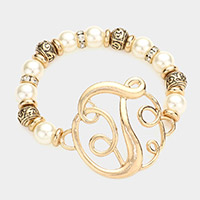 -T- Monogram Charm Pearl Filigree Stretch Bracelet
