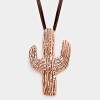 Metal cactus pendant long faux leather necklace