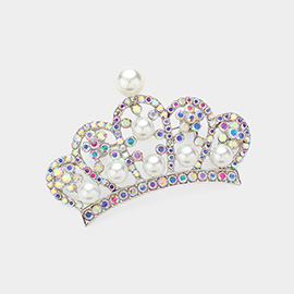 Pearl Pointed Stone Paved Crown Pin Brooch