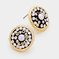 Pearl & crystal pave metal stud earrings