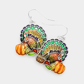 Enamel Turkey Accented Pumpkin Fruits Basket Dangle Earrings