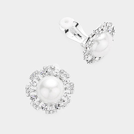 Floral Rhinestone Trimmed Pearl Clip on Earrings
