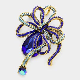 Glass crystal teardrop accented bow brooch / pendant