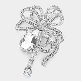 Glass crystal teardrop accented bow brooch / pendant