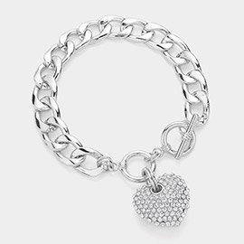 Rhinestone Pave Heart Charm Link Toggle Bracelet
