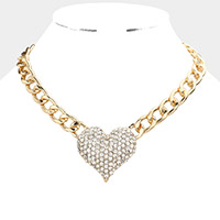 Heart Rhinestone Pave Chunky Metal Chain Necklace