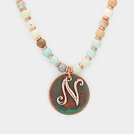 -N- Monogram Pendant Natural Stone Long Necklace