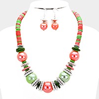 Bead Wood Disc Cluster Necklace