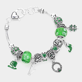 St Patricks Day Multi-bead Clover Green Top Hat Charm Bracelet
