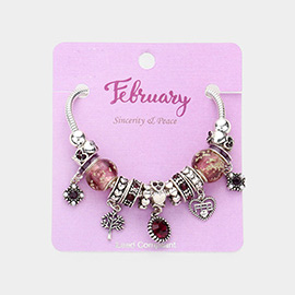 February - Birthstone Heart Charm Multi Beaded Bracelet