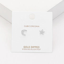 White Gold Dipped CZ Stone Moon & Star Stud Earrings