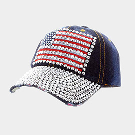 Bling Studded American USA Flag Denim Baseball Cap