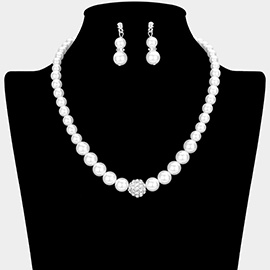 Pave ball & pearl strand necklace