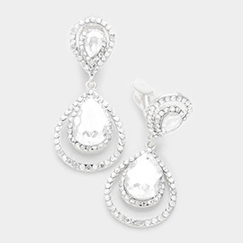 Pave trim glass crystal teardrop clip on earrings