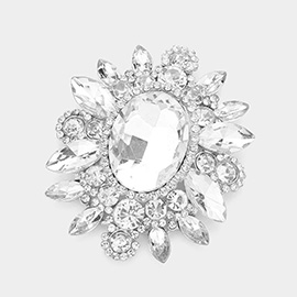 Oval glass crystal flower brooch