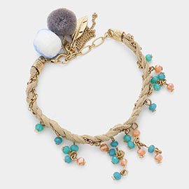 Pom Pom Pearl Charm Braided Suede Bracelet