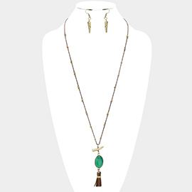 Oval Stone with Faux Leather Tassel Long Necklace
