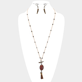 Oval Stone with Faux Leather Tassel Long Necklace