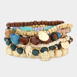 10PCS - Strand Wood Bead Turtle Stretch Layered Bracelets